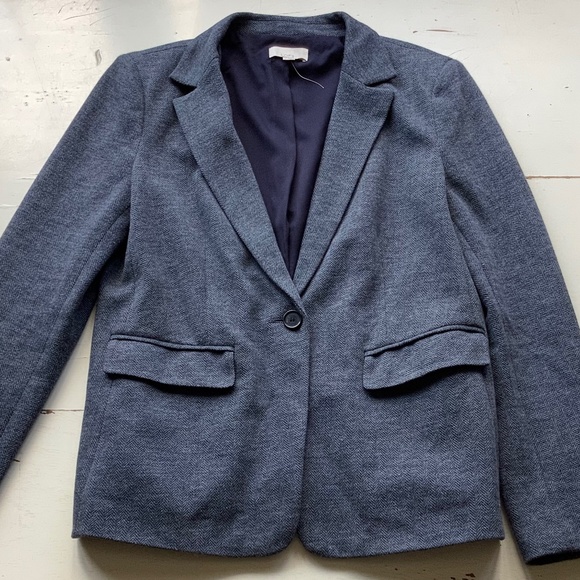 LOFT Navy Blue Herringbone Knit Blue Elbow Patch Blazer SZ 8 - Picture 3 of 15